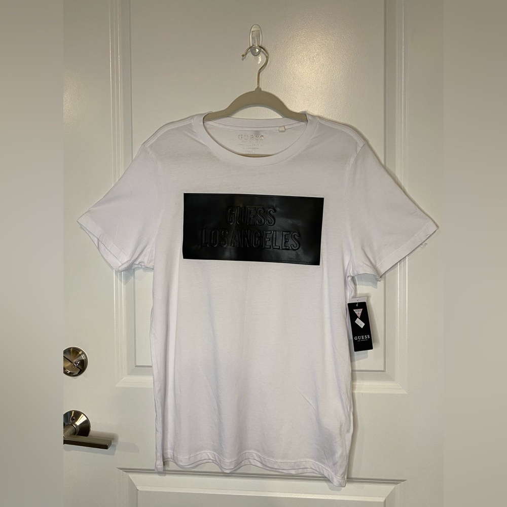 Guess Mens T-Shirt Crew Neck Medium White Black Logo Embossed